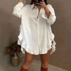 White Casual Women's Solid Color Ruffle Trim Decor Button Front Blouse